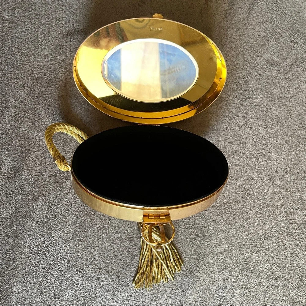 Vintage Italian Gold Metal Embossed Oval Evening Clutch with Tassel Wristlet